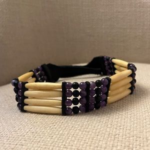 Traditional Bone HairPipe Chocker With Purple and Black Beads With Leather Tie